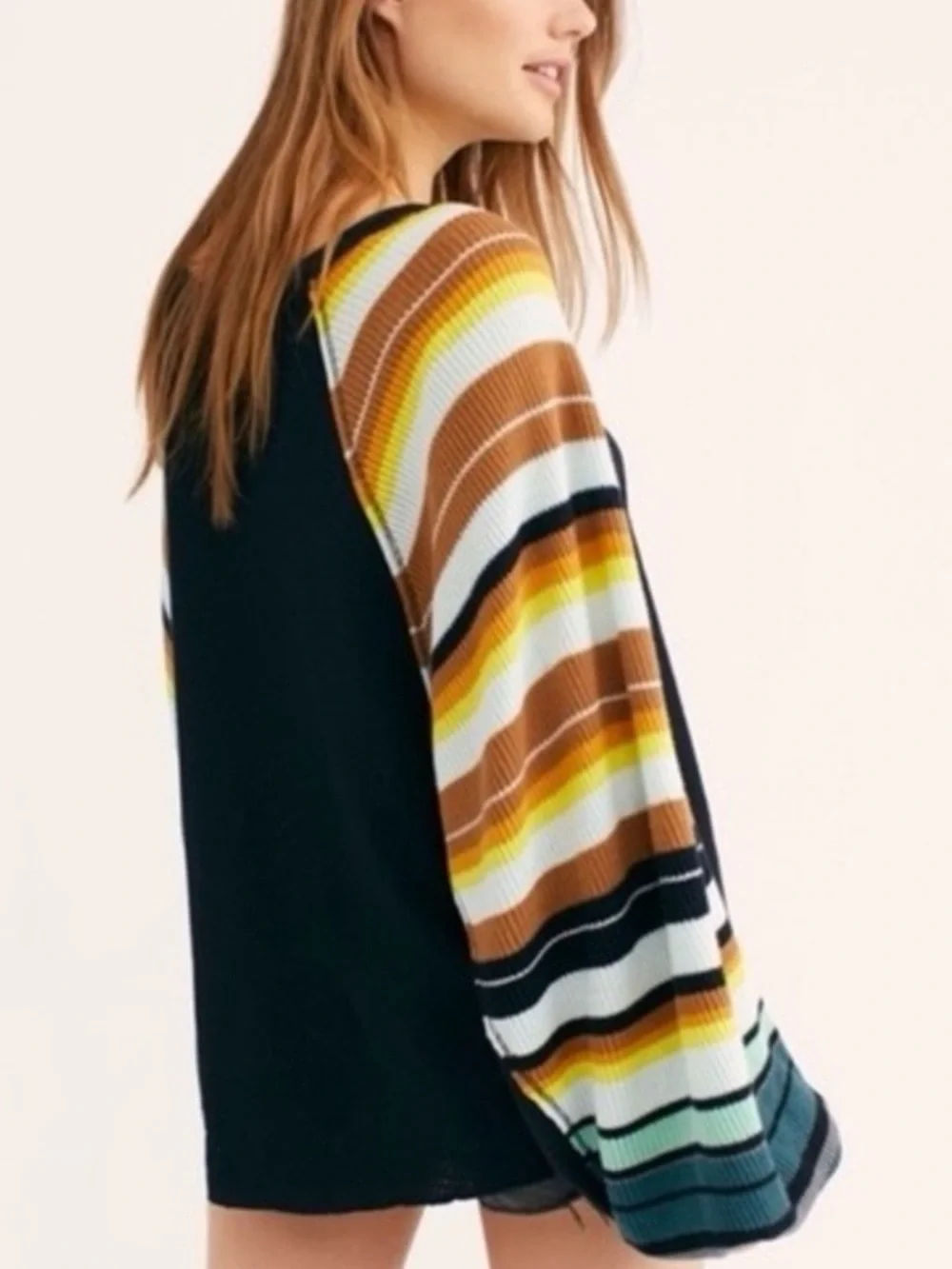 Free People Rainbow Stripes Waffle Knit Top with Striped Balloon Sleeves